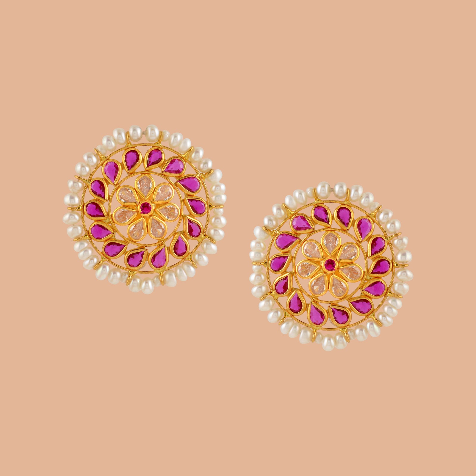 Gold Round Pearl Stud Earrings - Krishna Jewellers Pearls and Gems