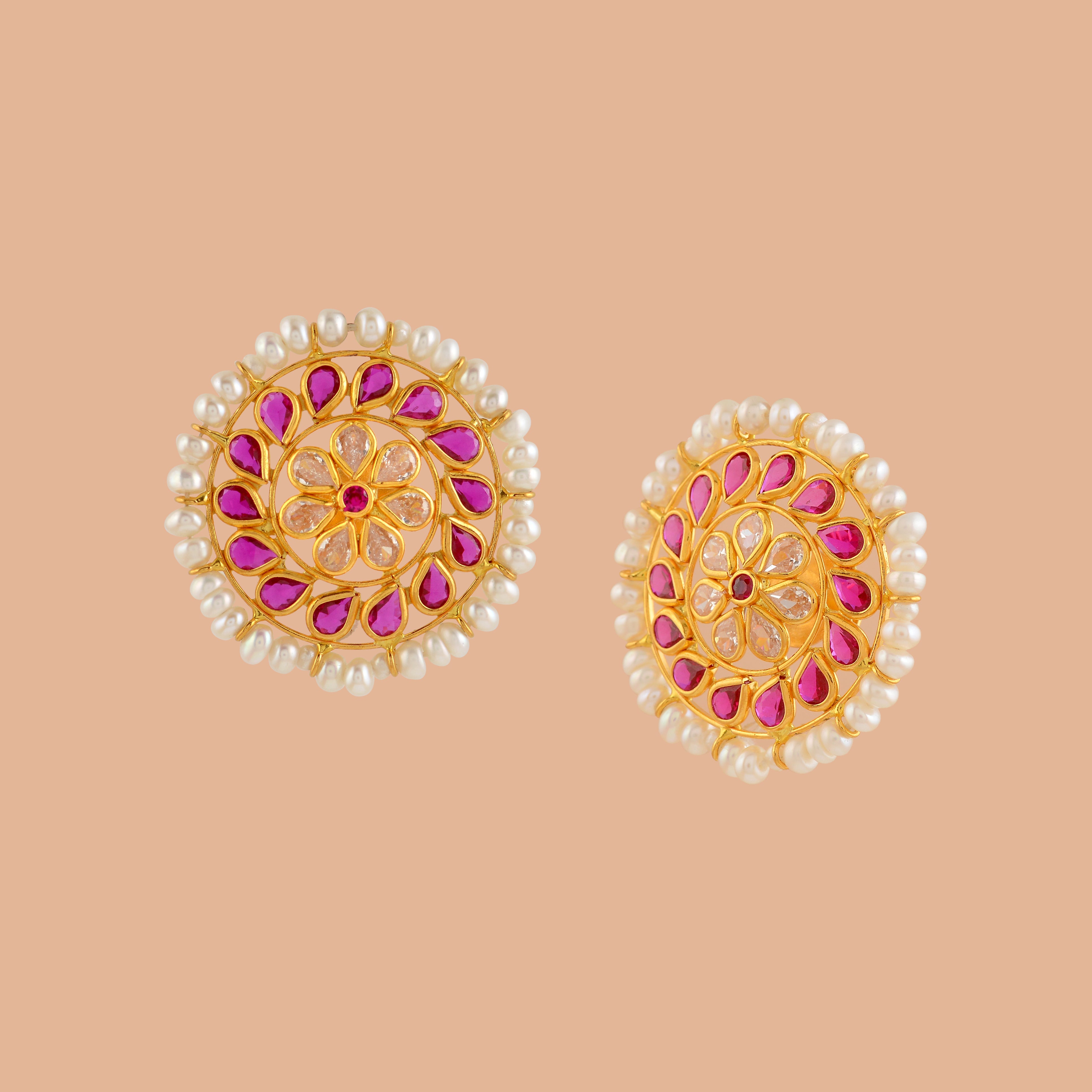 Gold Round Pearl Stud Earrings - Krishna Jewellers Pearls and Gems