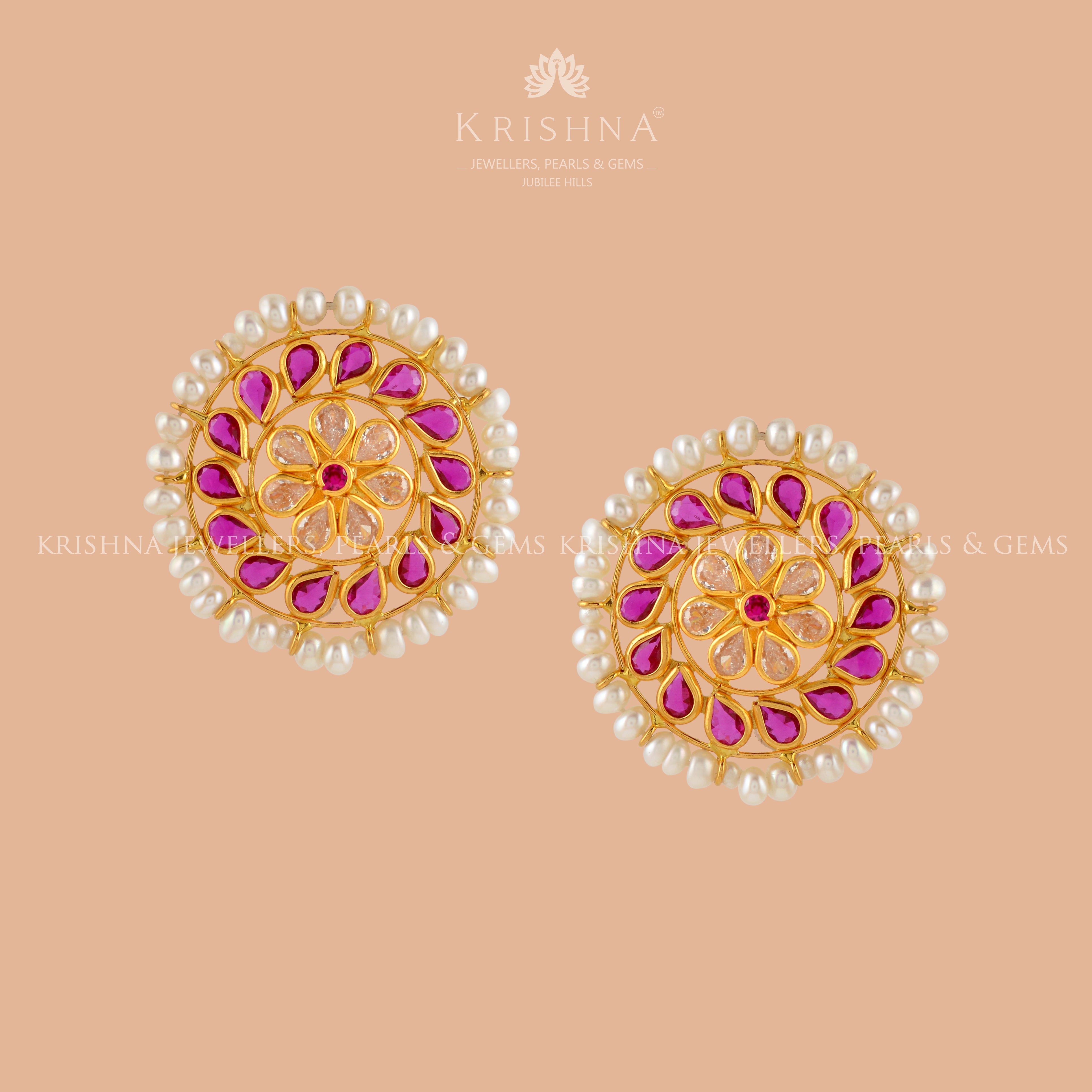 Gold Round Pearl Stud Earrings - Krishna Jewellers Pearls and Gems