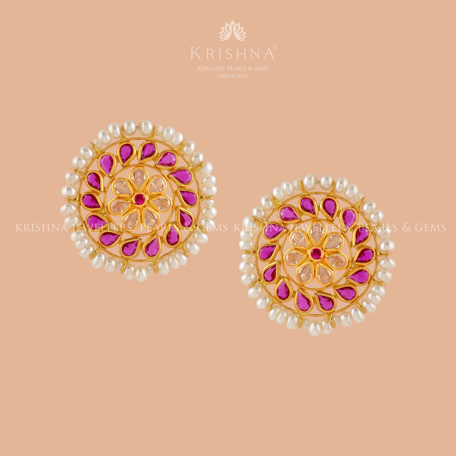 Gold Round Pearl Stud Earrings - Krishna Jewellers Pearls and Gems