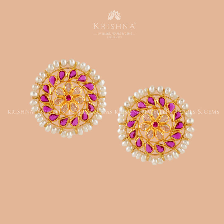 Gold Round Pearl Stud Earrings - Krishna Jewellers Pearls and Gems