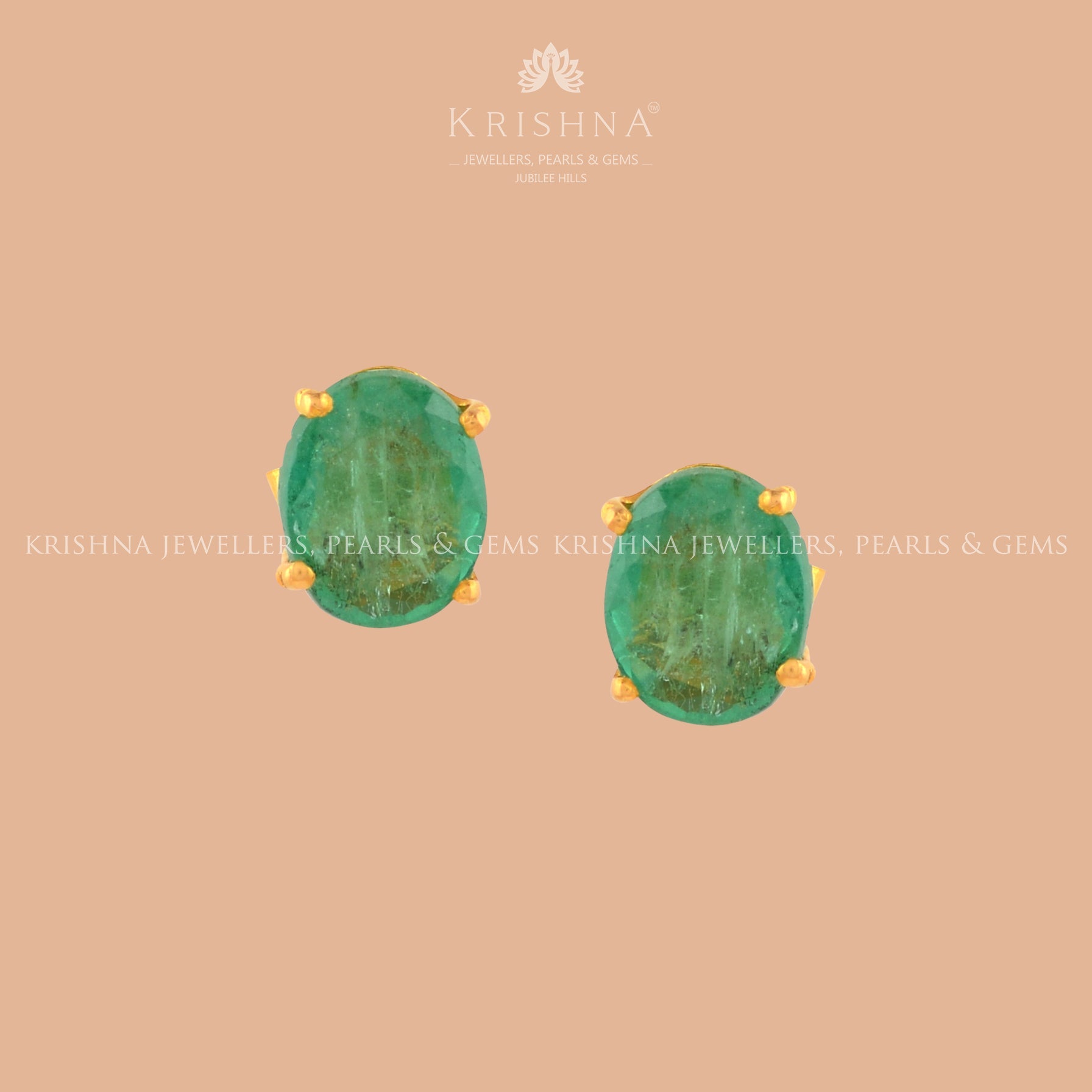 Green Studs Earrings in 22K Gold - Krishna Jewellers Pearls and Gems