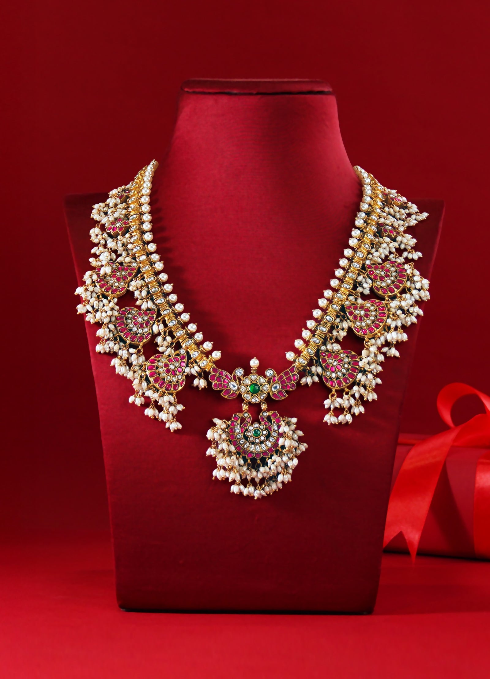 Traditional Silver Necklace with Pearl Drops and Stone Work