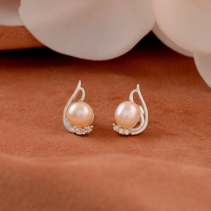 Luna Curve Pearl Studs (Freshwater Pearl Stud Earrings with CZ Accents)