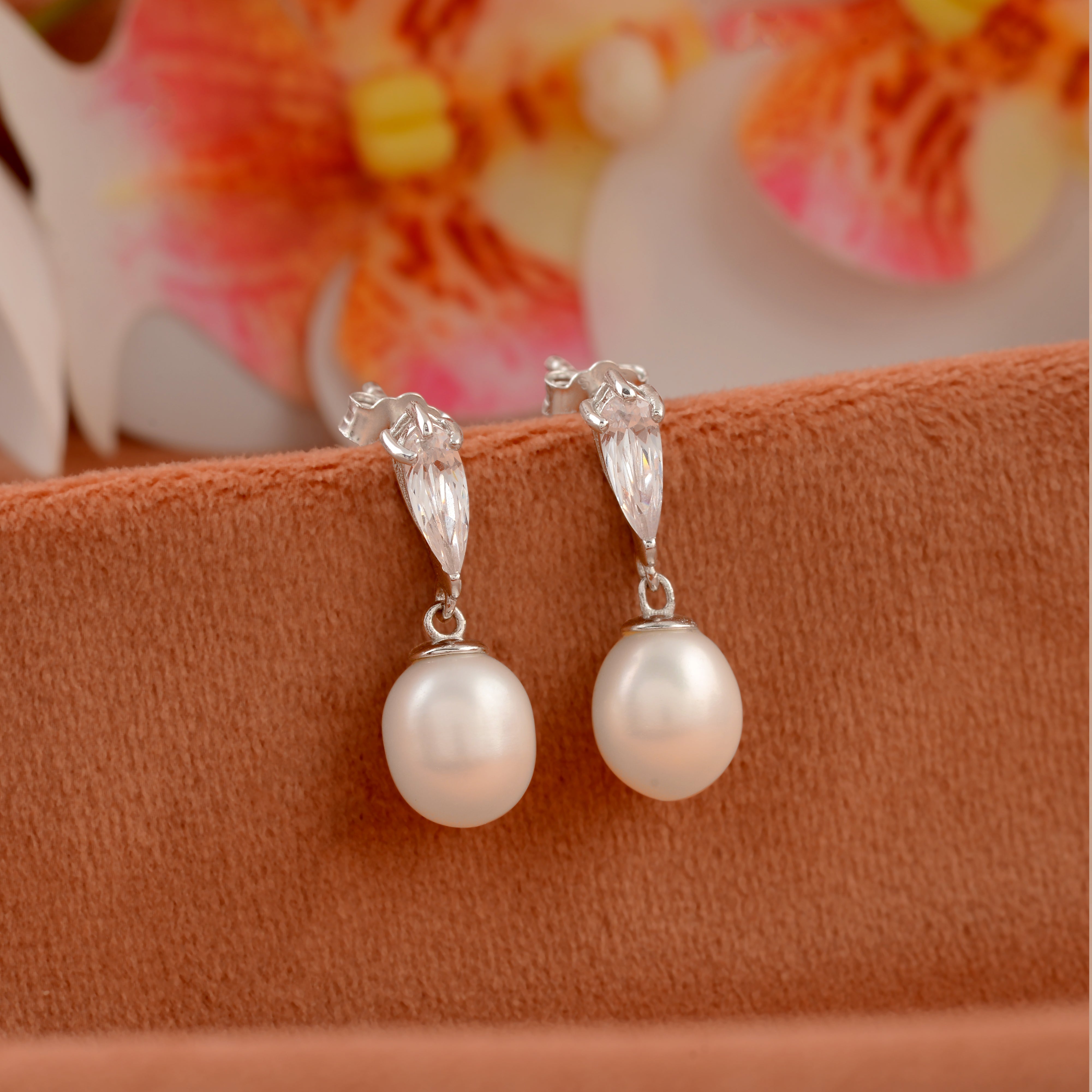 Silver Pear Shape Pearl Drop Earrings