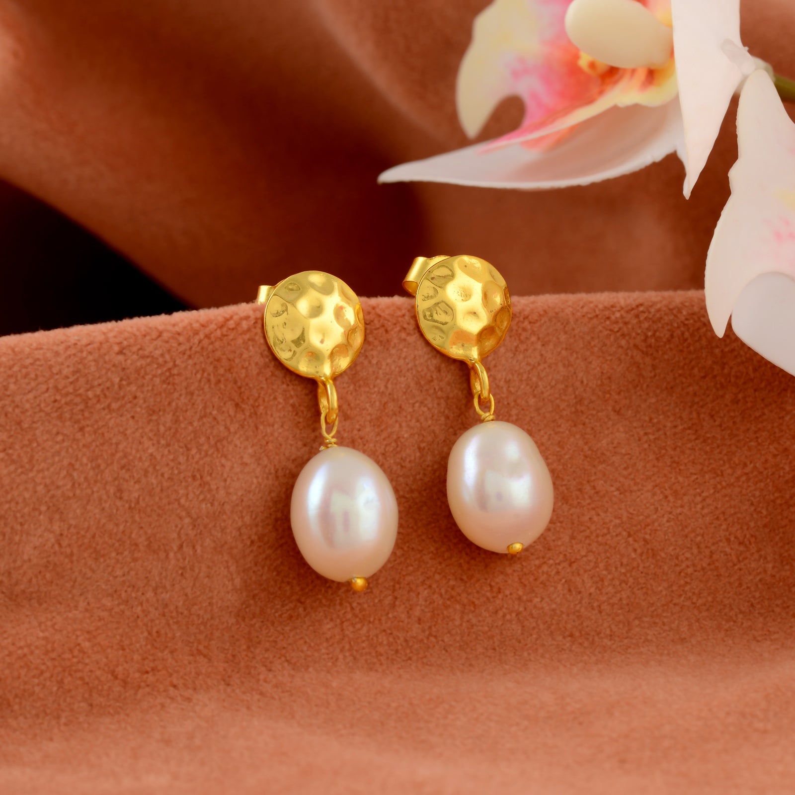 Aurelia Coin Pearl Danglers (Coin-Textured Studs with Freshwater Pearl Drops)