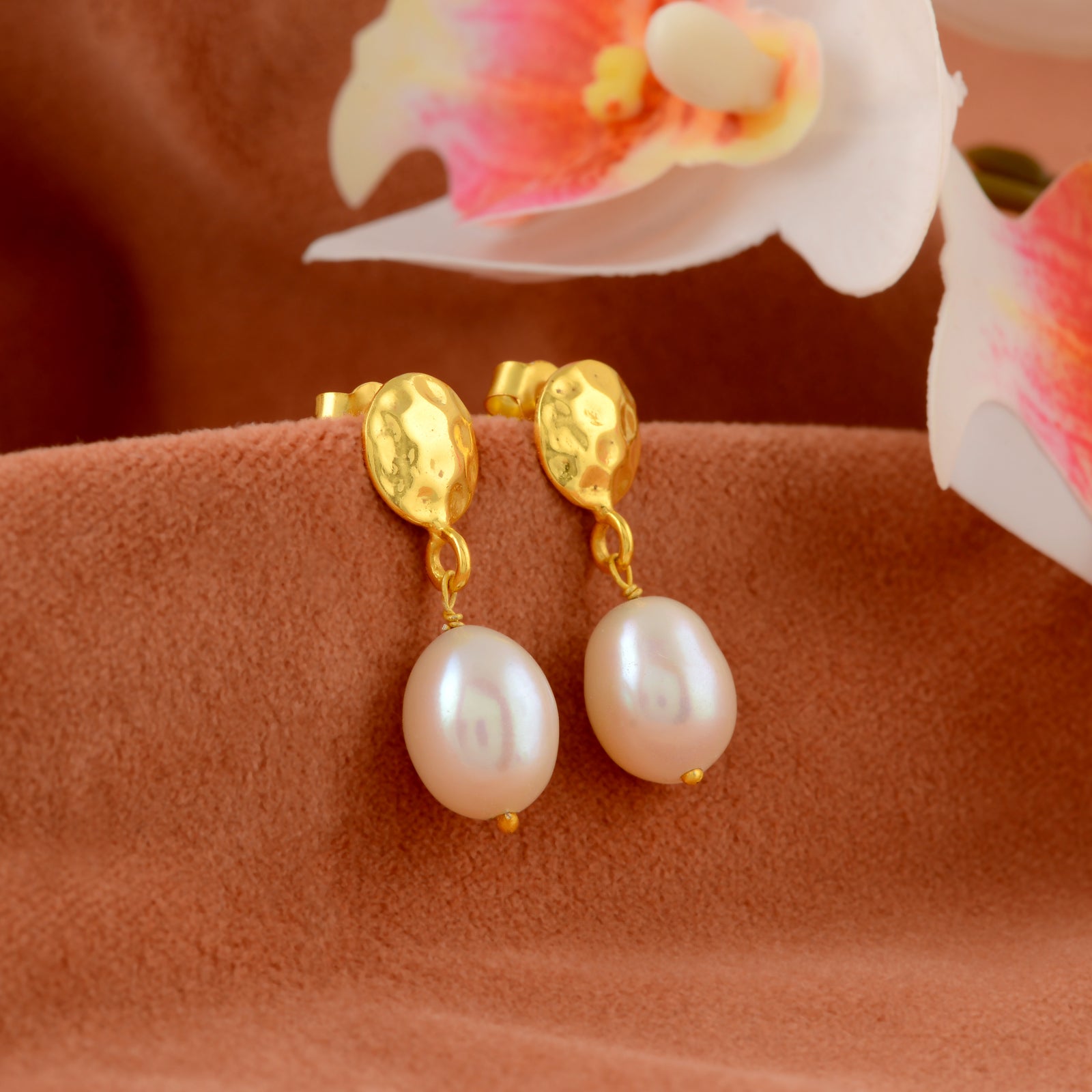 Aurelia Coin Pearl Danglers (Coin-Textured Studs with Freshwater Pearl Drops)