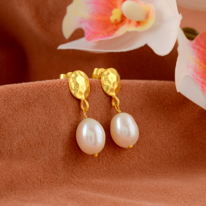 Aurelia Coin Pearl Danglers (Coin-Textured Studs with Freshwater Pearl Drops)