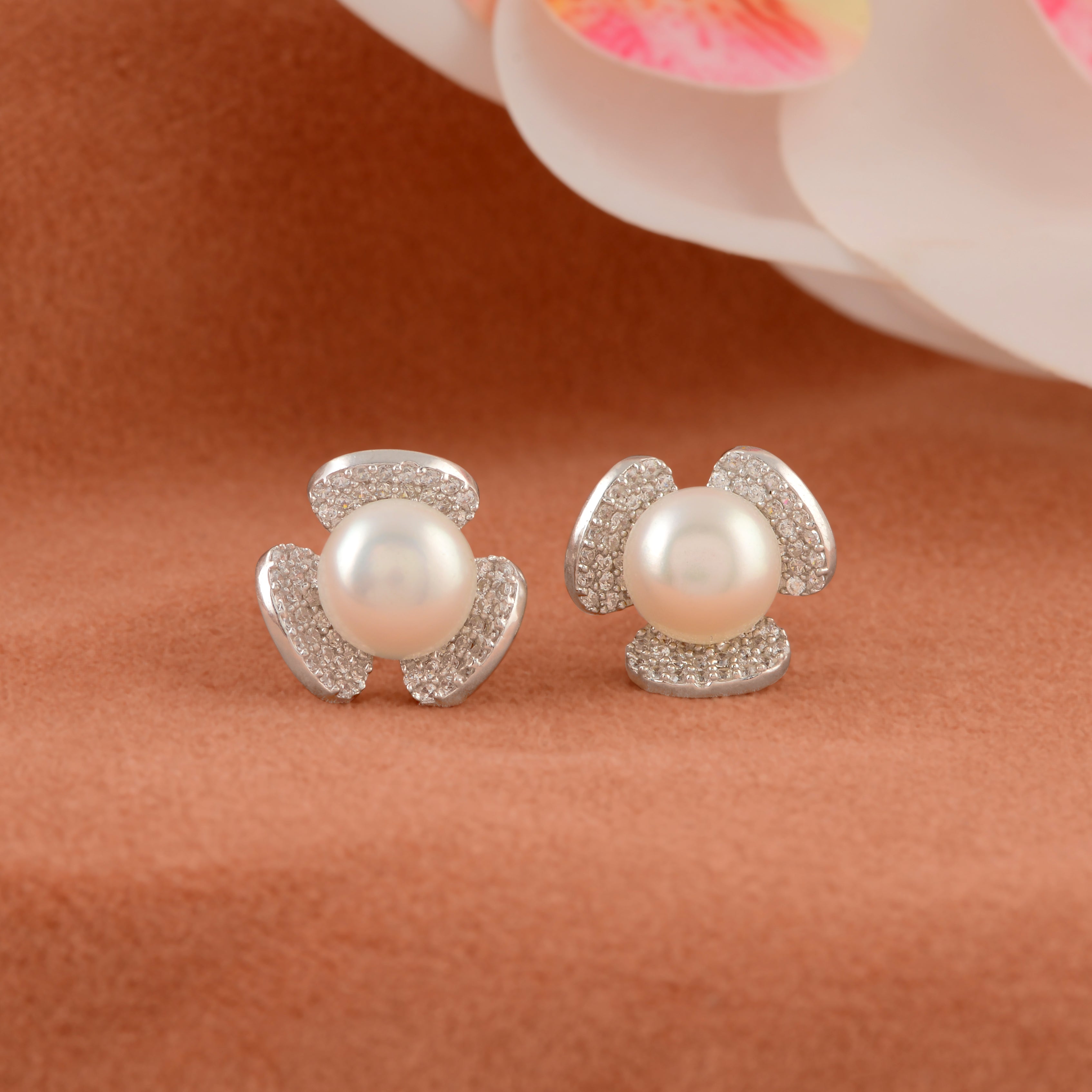 Floral studs with Button Pearl Earrings