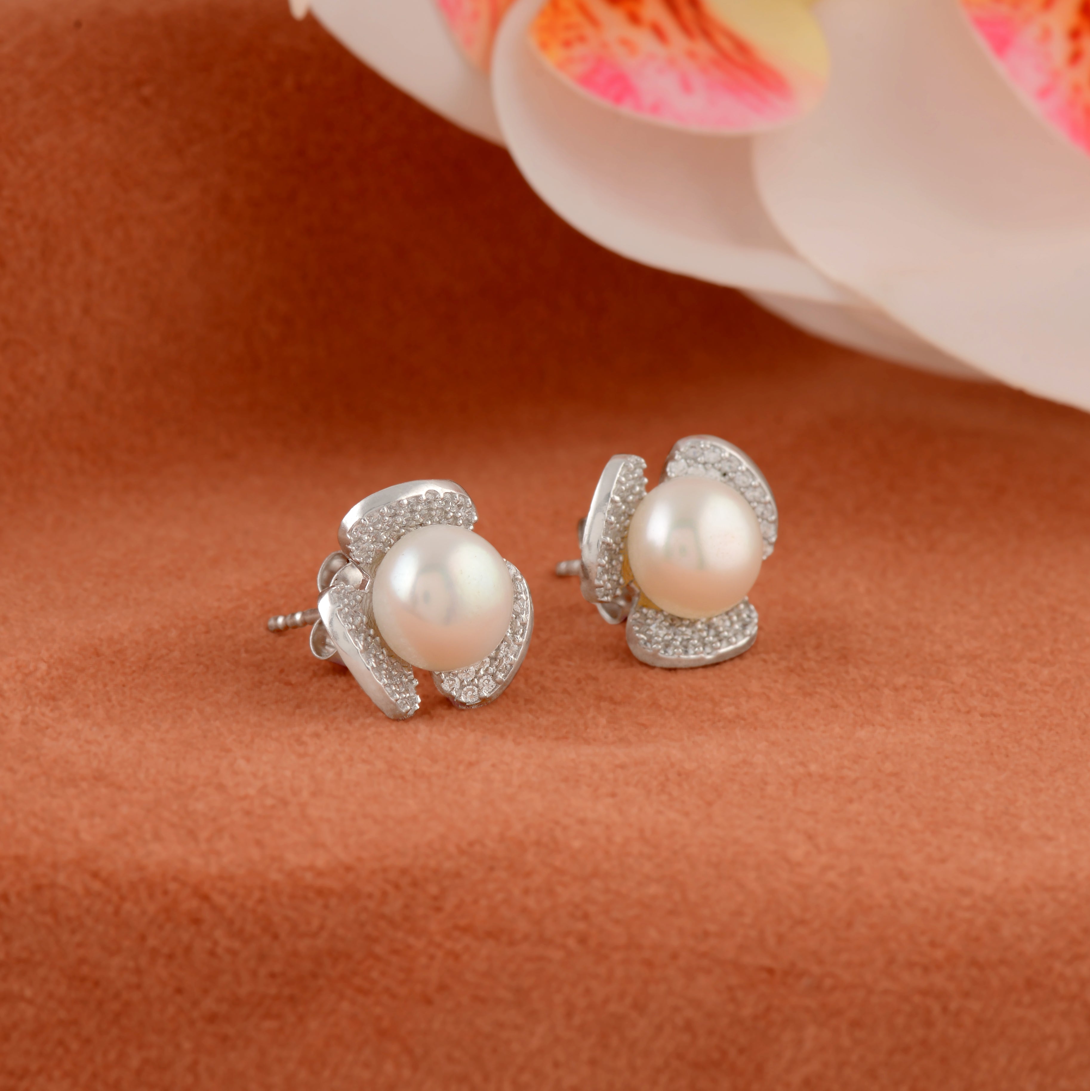 Floral studs with Button Pearl Earrings