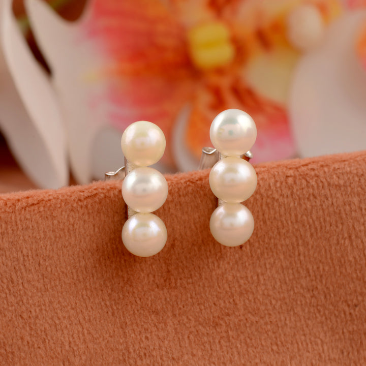 Trevira Pearl Studs (Triple Pearl Stud Earrings with white cultured pearls )