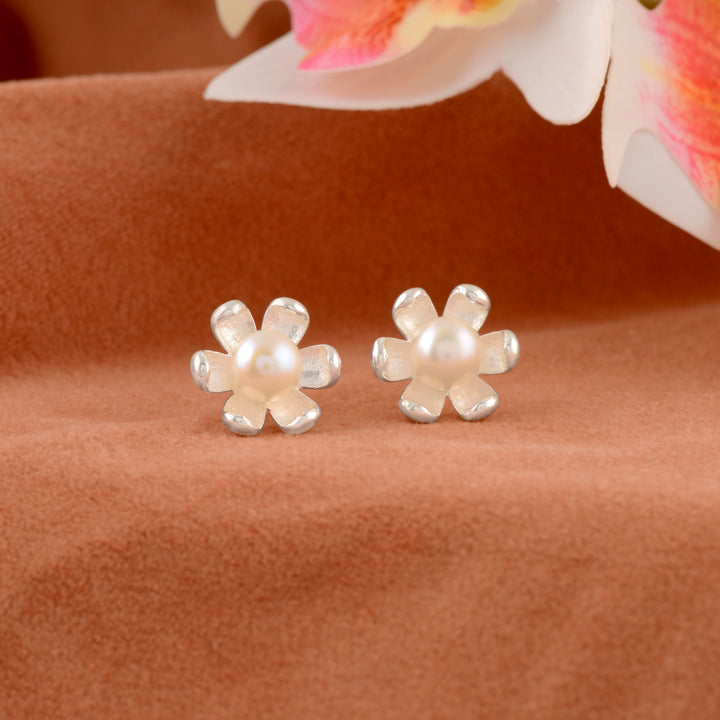 Stunning Silver Floral Pearls Studs Earrings