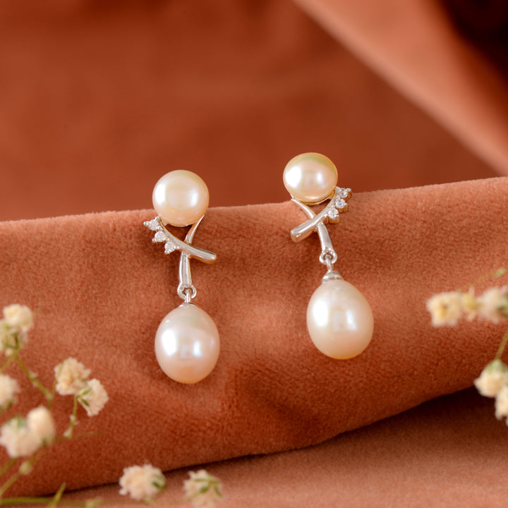 Silver Poise Pearl Drop Earrings (Sterling Silver Freshwater Pearl Earrings)