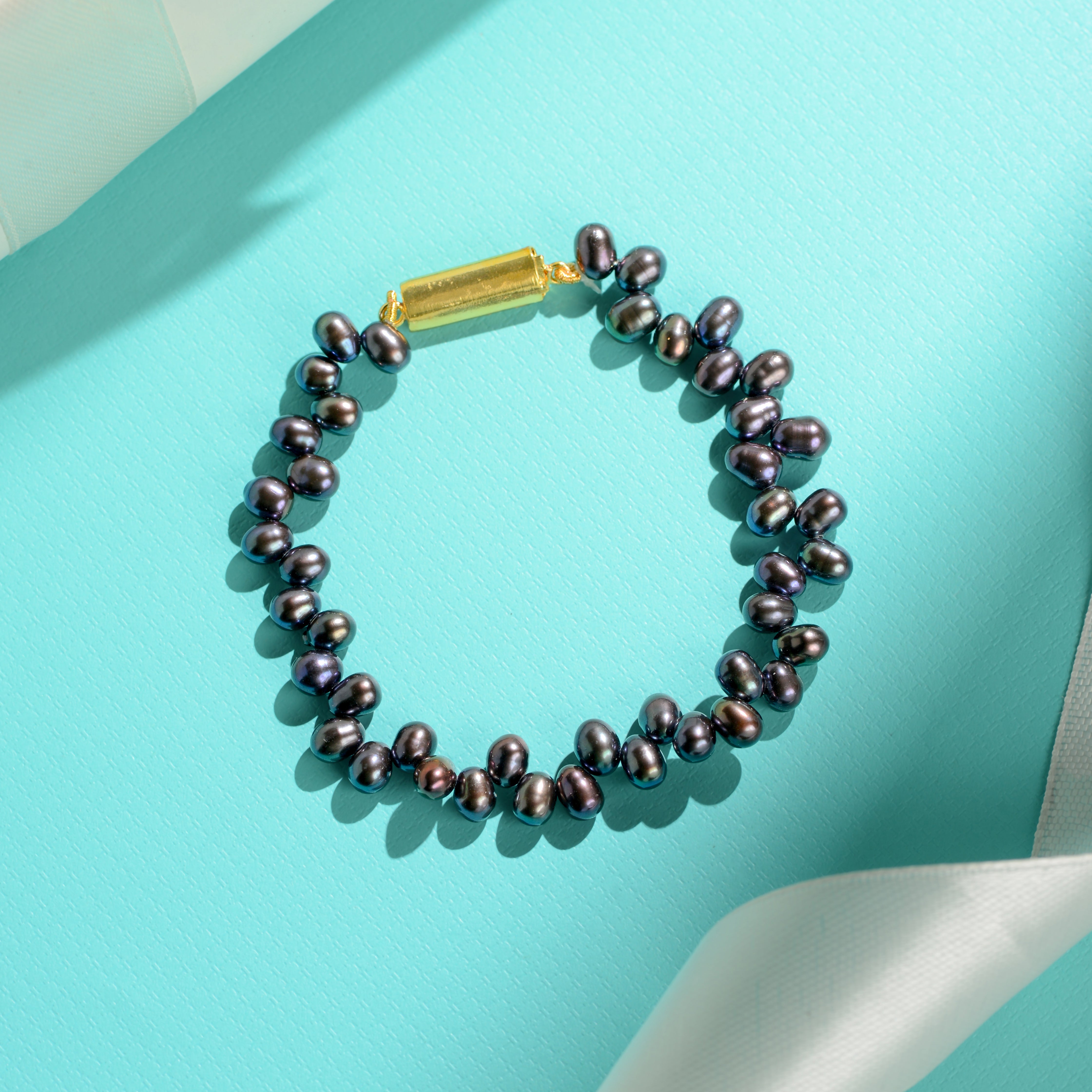 Black Freshwater Pearl Bracelet with Gold Tone Clasp
