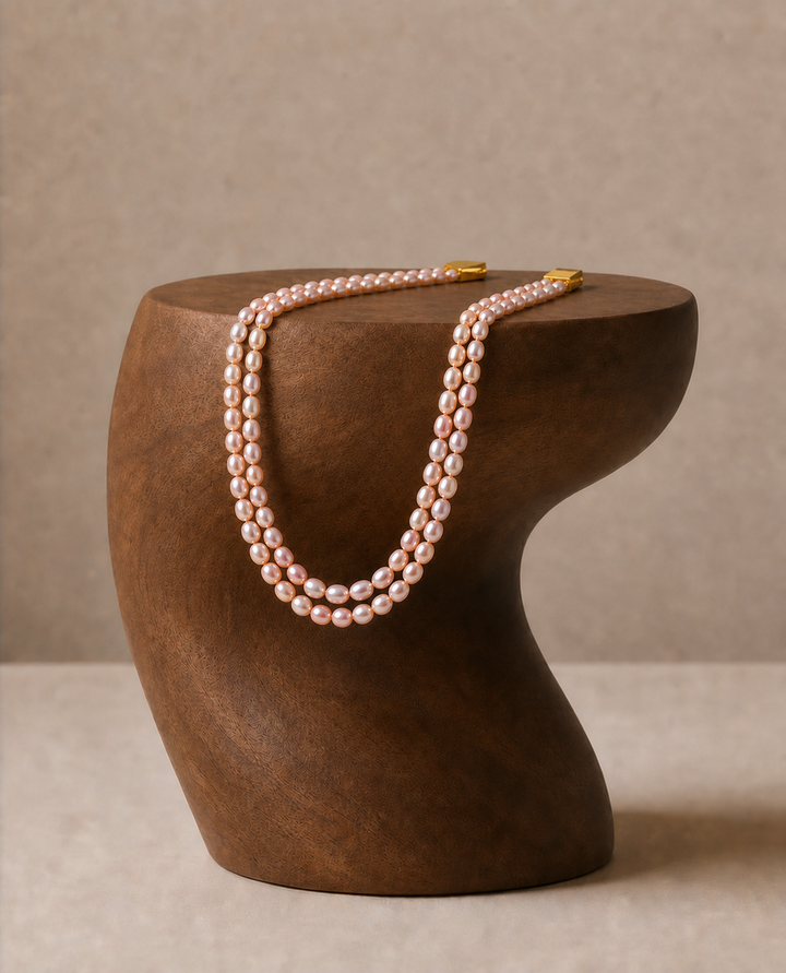 Trendy Peach Color Pearl Necklace with Double Strips