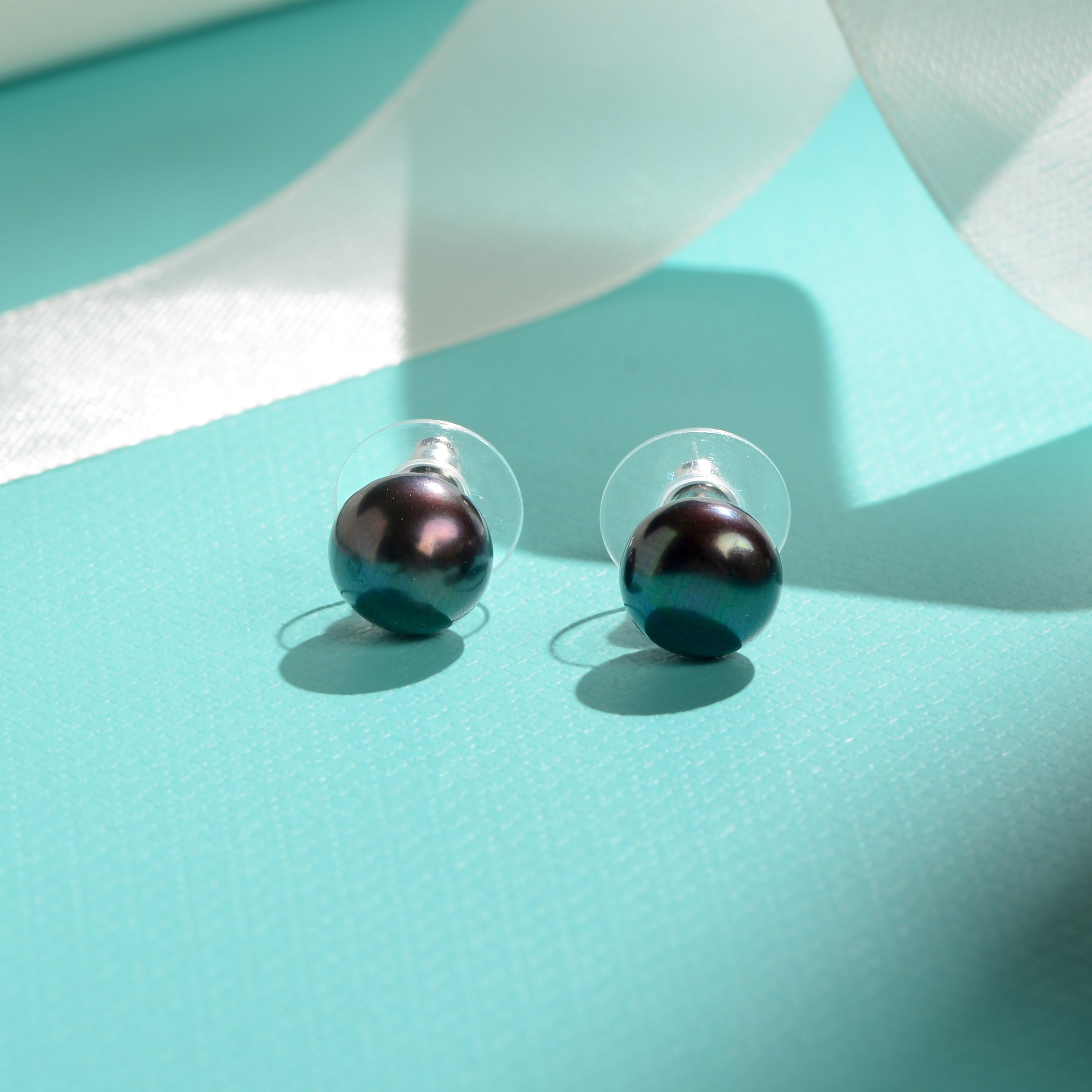 Black Pearl Stud Earrings in Sterling Silver