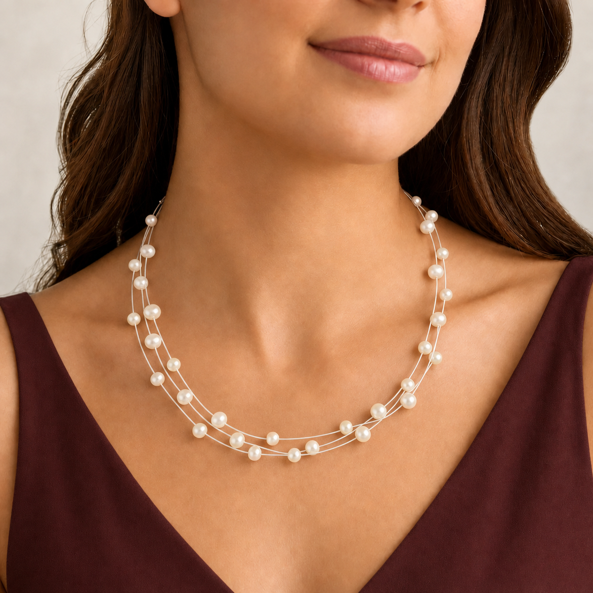 Delicate layered Pearl Necklace (Freshwater Pearl Station Necklace)