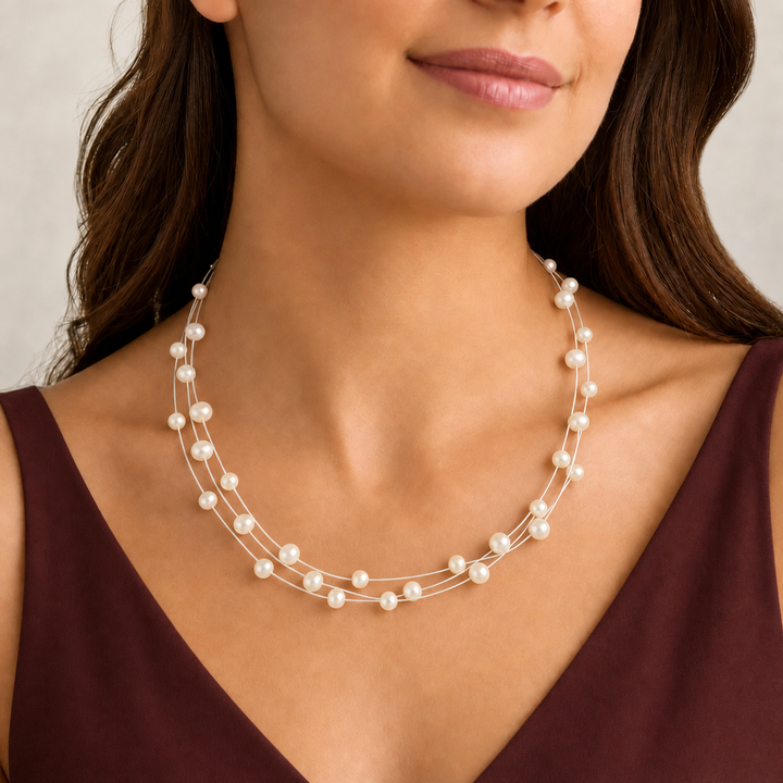 Delicate layered Pearl Necklace (Freshwater Pearl Station Necklace)