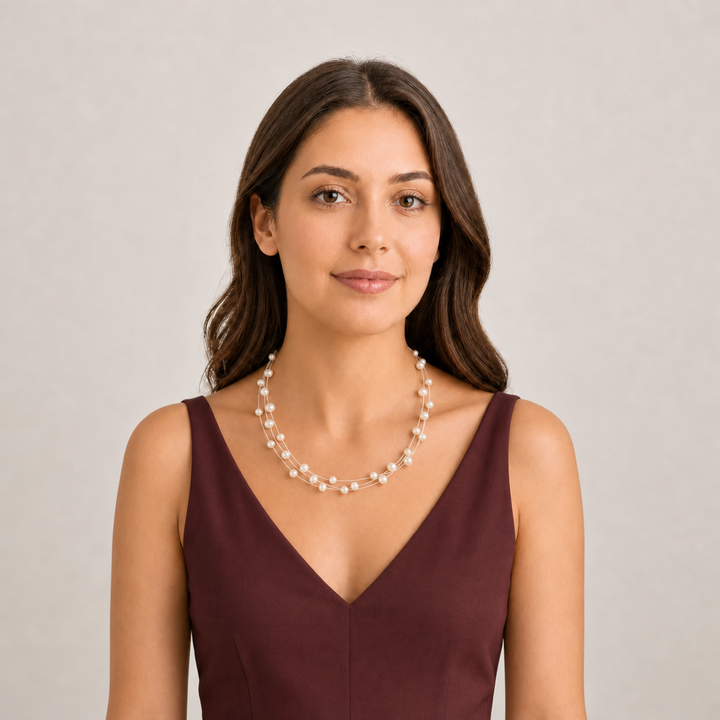 Delicate layered Pearl Necklace (Freshwater Pearl Station Necklace)