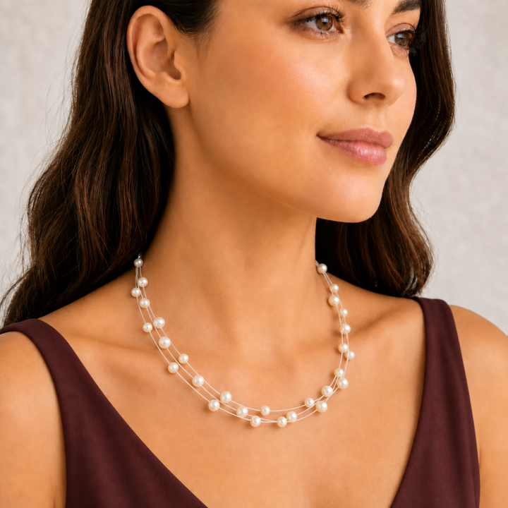 Delicate layered Pearl Necklace (Freshwater Pearl Station Necklace)