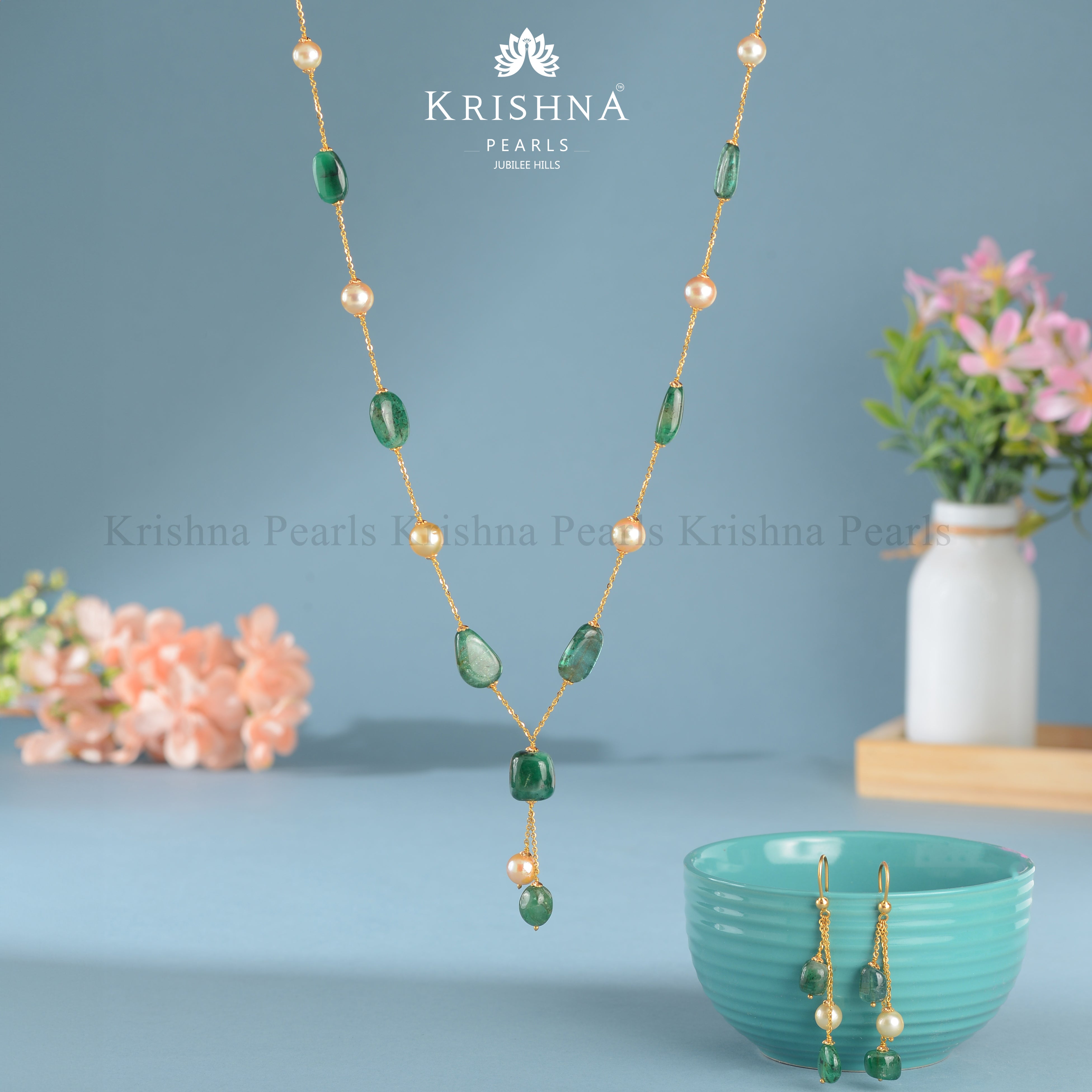 Gold Chain with Emerald and Pearl Accents and Matching Earrings - Krishna Jewellers Pearls and Gems