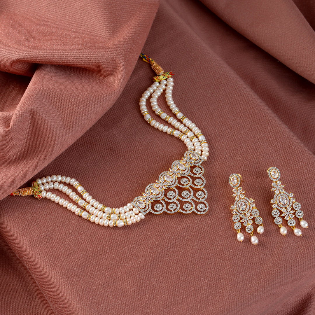 Pearl Choker Set with CZs and Freshwater Pearls - Krishna Jewellers Pearls and Gems