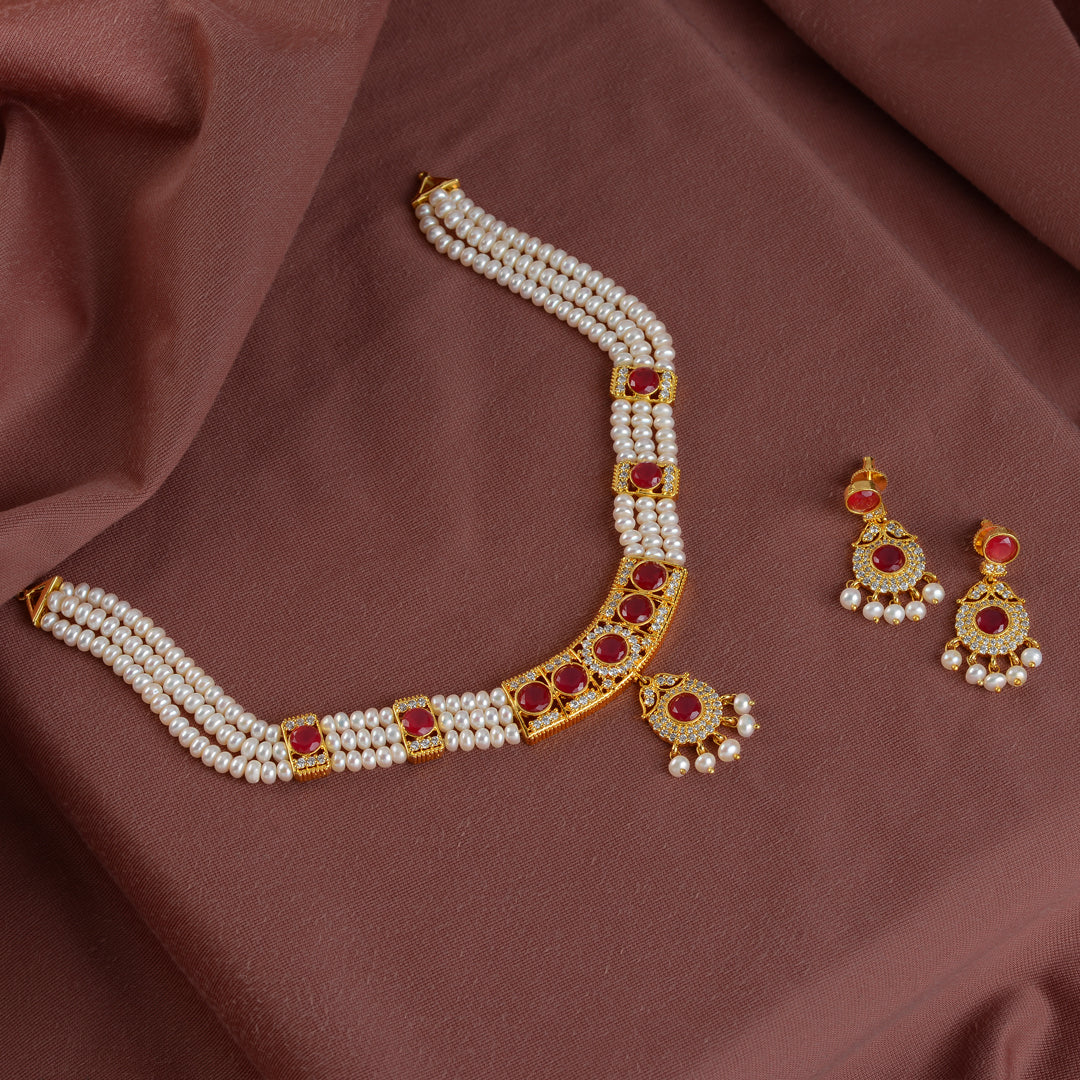 Elegant 3-Layered Necklace Set Adorned with Red Stones - Krishna Jewellers Pearls and Gems