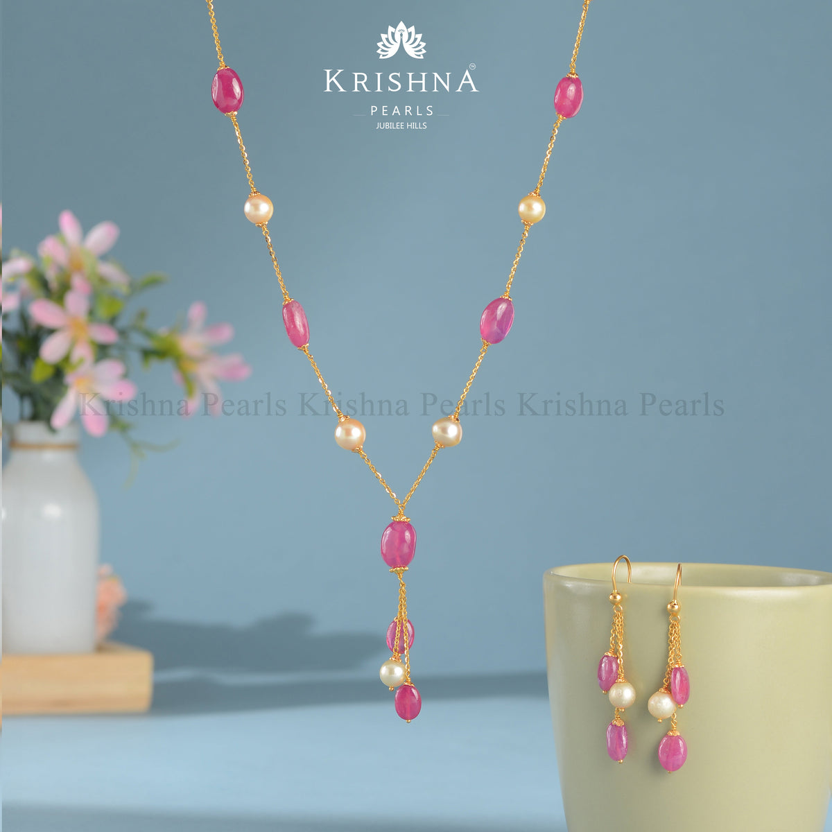 Gold Pearl Ruby Beads Chain with Earrings – Krishna Pearls