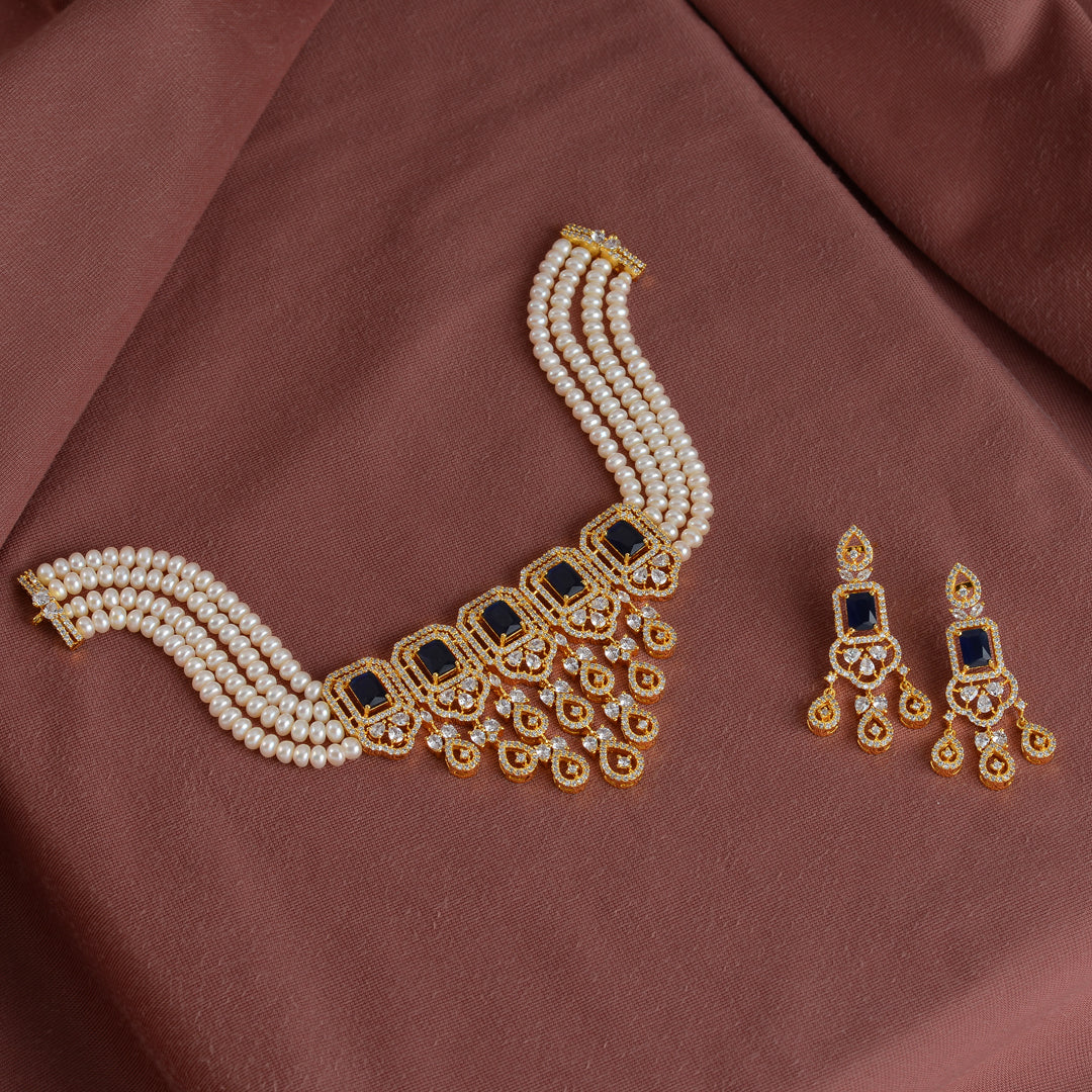 Pretty Pearl Choker and Hanging Earrings with Blue Stone - Krishna Jewellers Pearls and Gems