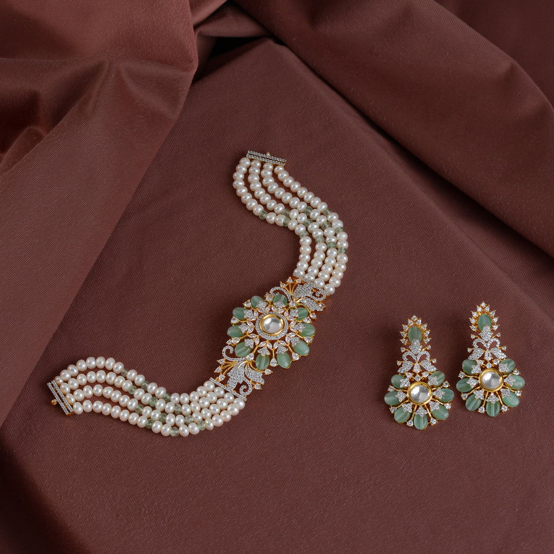Freshwater Pearl Choker and Earrings with CZ and Green stones - Krishna Jewellers Pearls and Gems