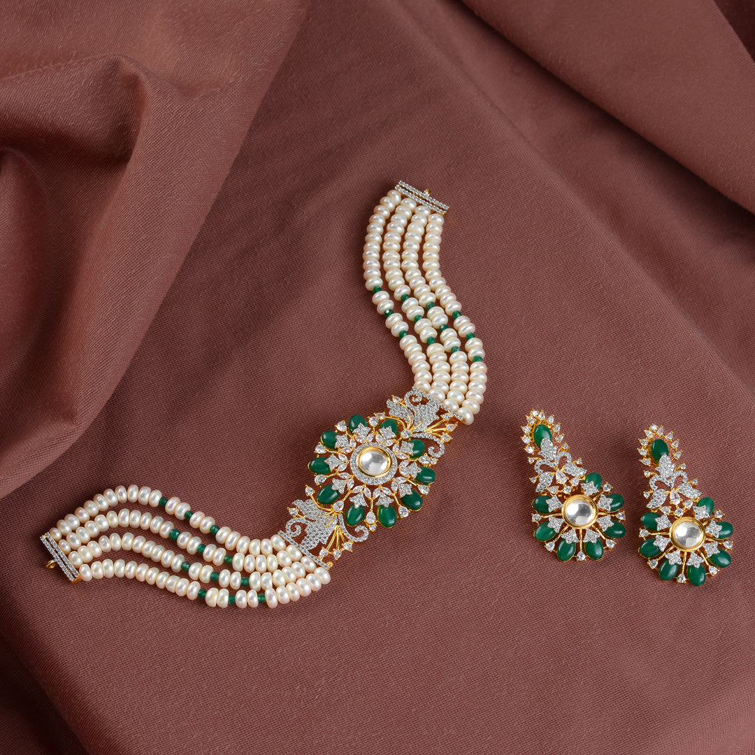 4 Layered Pearl Choker and Earrings with Emerald Stones and CZ's - Krishna Jewellers Pearls and Gems