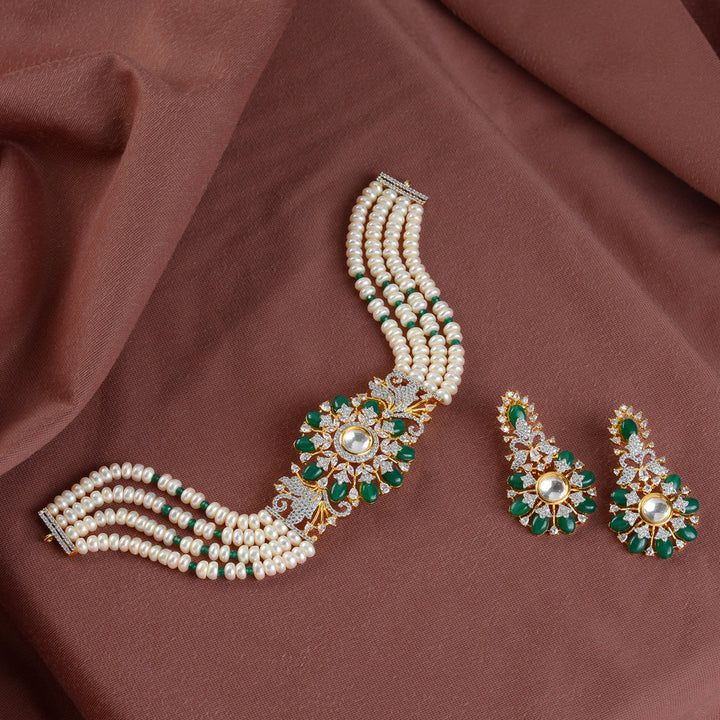 4 Layered Pearl Choker and Earrings with Emerald Stones and CZ's - Krishna Jewellers Pearls and Gems