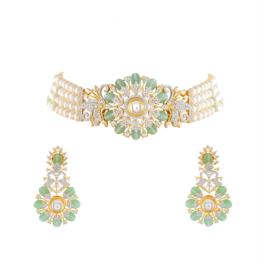 Freshwater Pearl Choker and Earrings with CZ and Green stones - Krishna Jewellers Pearls and Gems