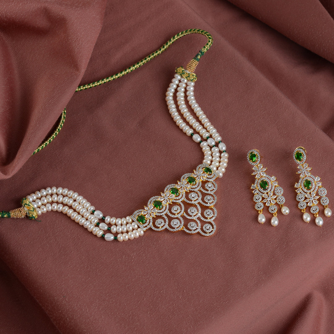 Beautiful Pearl and Greenstones Choker with Earrings - Krishna Jewellers Pearls and Gems
