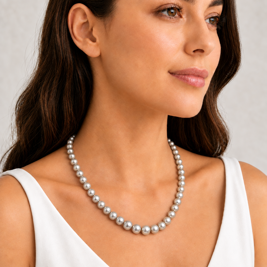 Grey Pearl Graduation Necklace (Round Freshwater Pearl String)