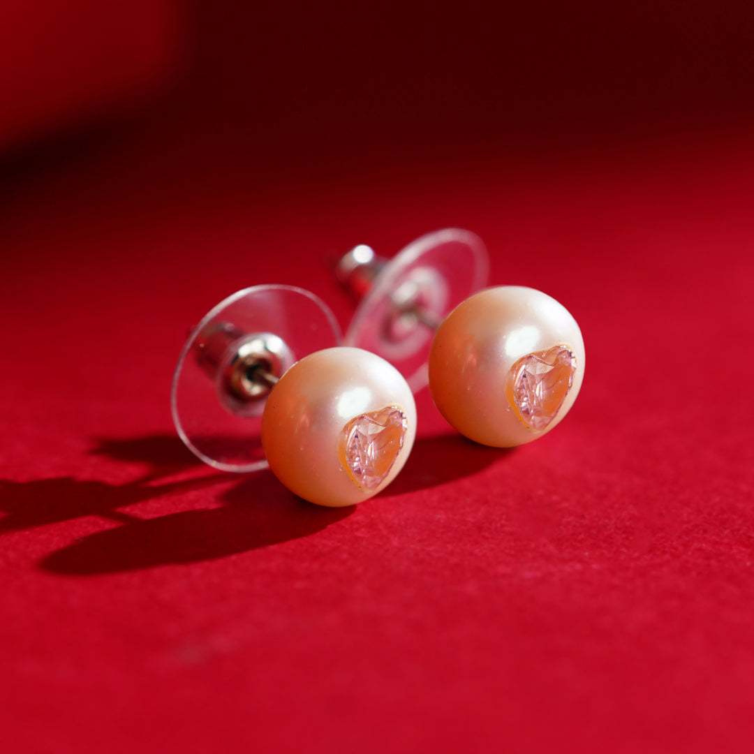 Blush Heart Pearl Studs ( Pink Heart CZ Button Pearl Stud Earrings )