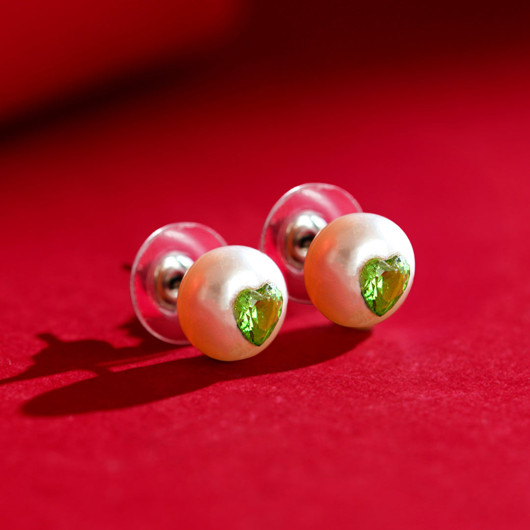Jade Heart Pearl Studs ( Green Heart CZ Button Pearl Stud Earrings )