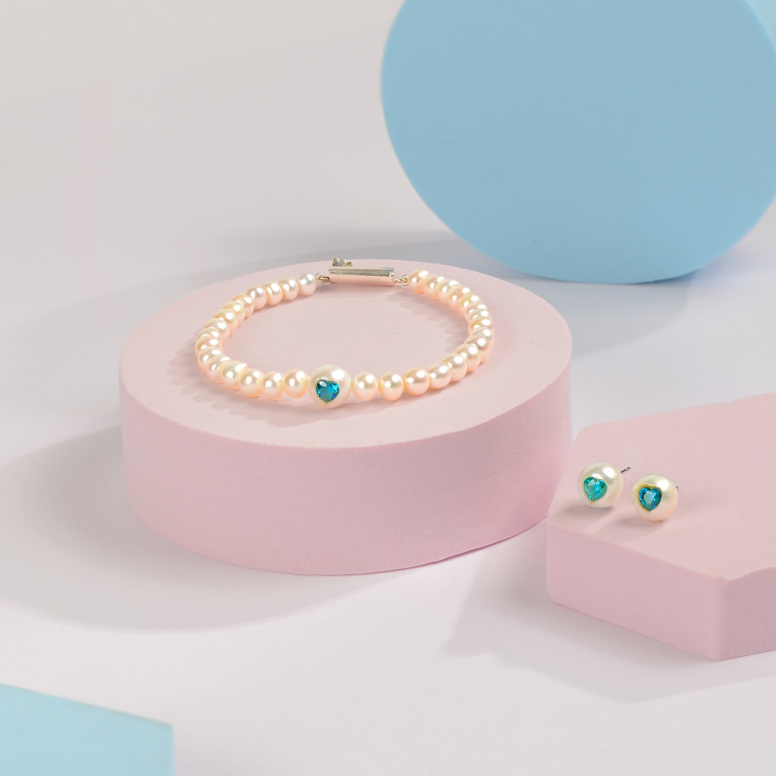 PEARL CELESTE Blue Heart Shaped SemiPrecious Stones & Freshwater Pearl bracelet and stud earrings combo