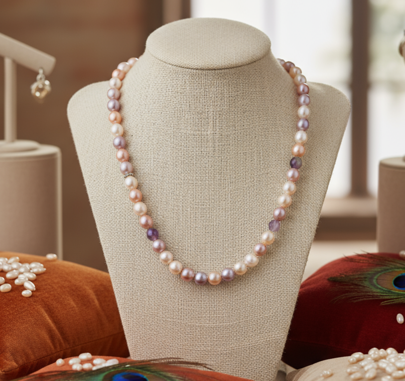 Single-Line Multicolor Freshwater Rice Pearl Necklace