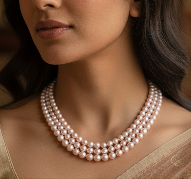 Peach Color 3-Line Graduation Pearl Necklace