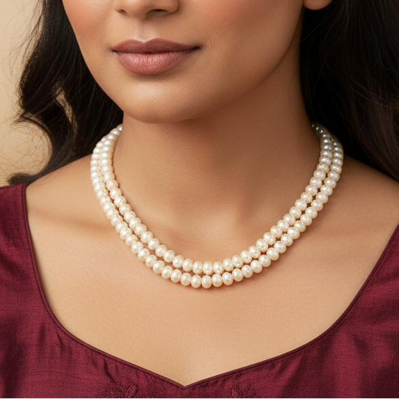 Freshwater White Pearl Necklace, Double Strand