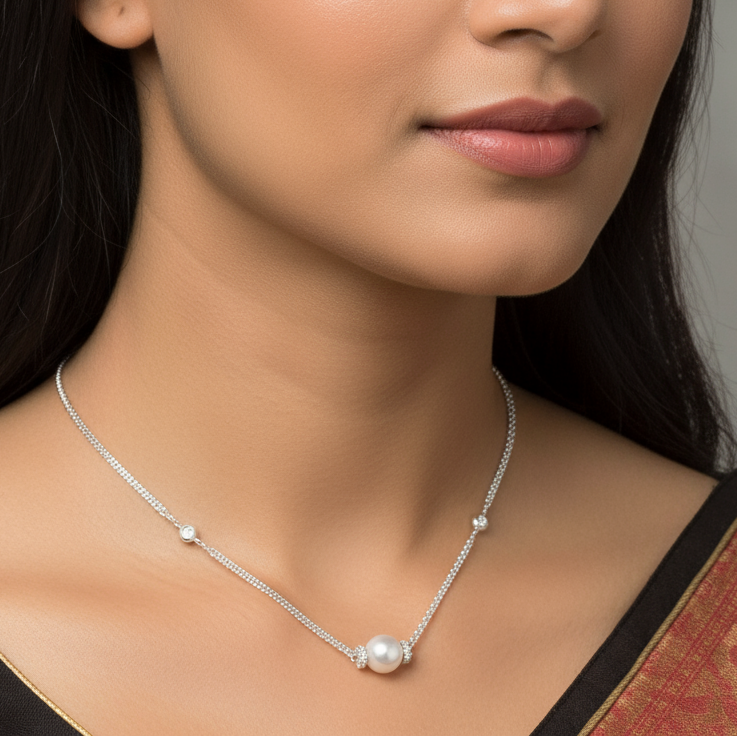 Sterling Silver Round Fresh Water Pearl Beaded Chain Necklace