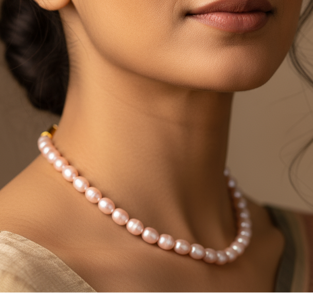 Blush Aura Rose Pearl Necklace (Natural Freshwater Pearl Necklace)