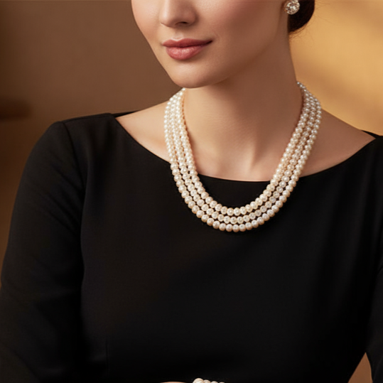 Triple Line of Natural Whitish Button Pearl Necklace