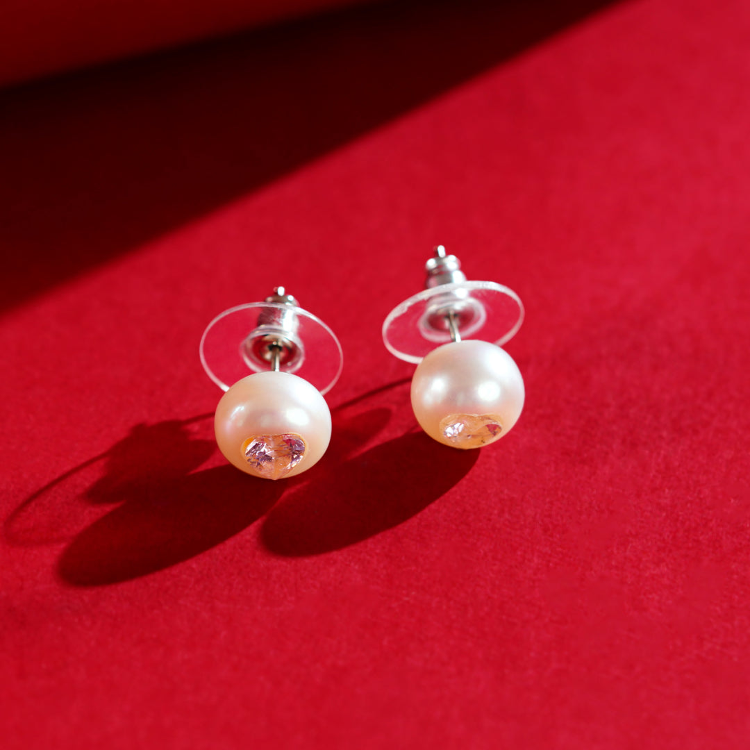 Blush Heart Pearl Studs ( Pink Heart CZ Button Pearl Stud Earrings )