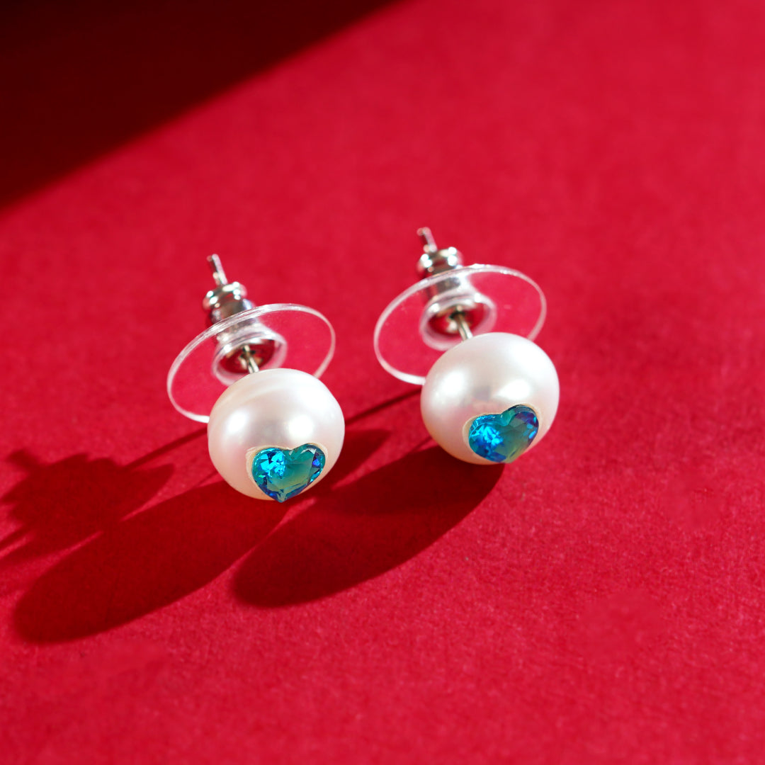Misty Heart Pearl Studs ( Blue Heart CZ Button Pearl Stud Earrings )