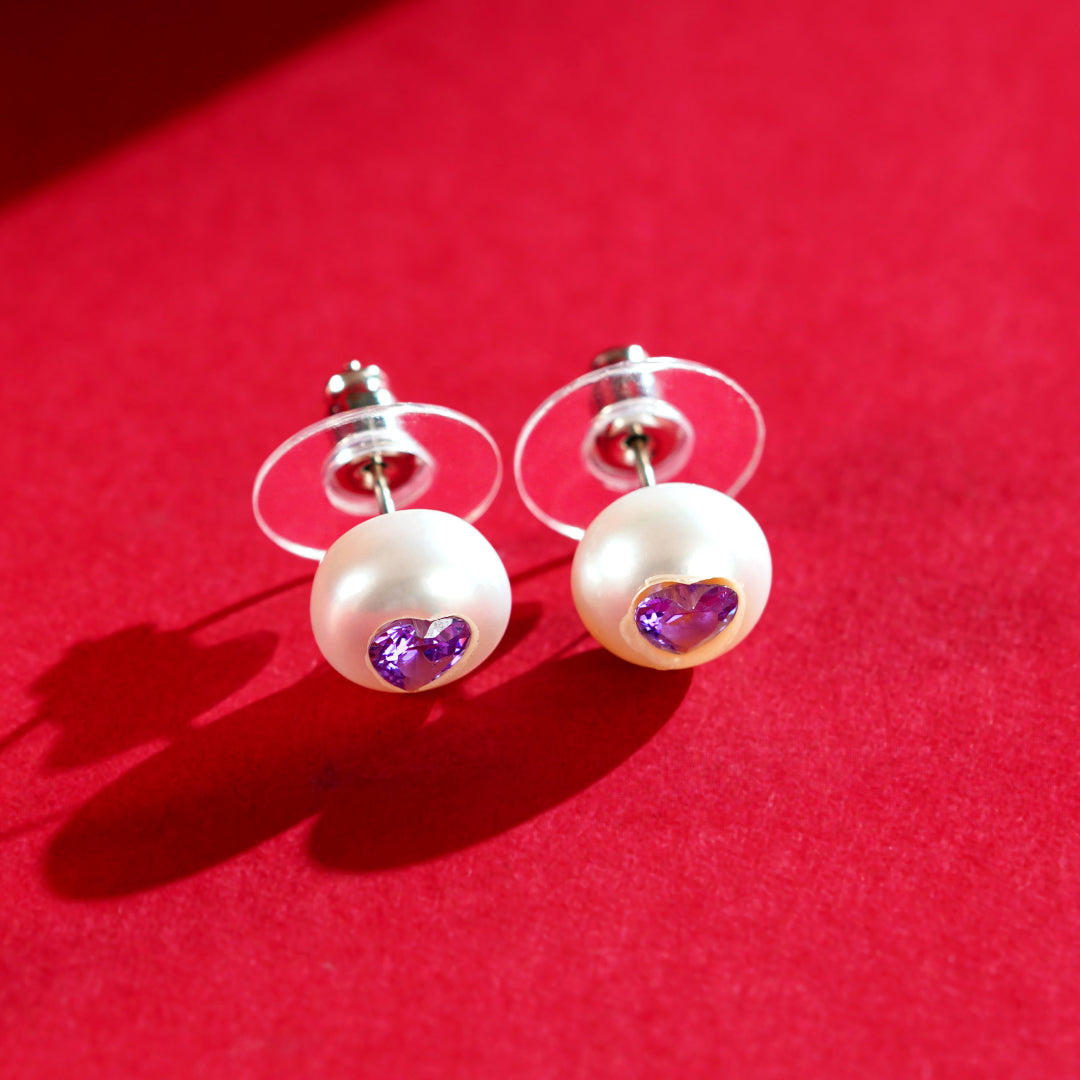 Lilac Heart Pearl studs ( Lavender Heart CZ Button Pearl Stud Earrings )