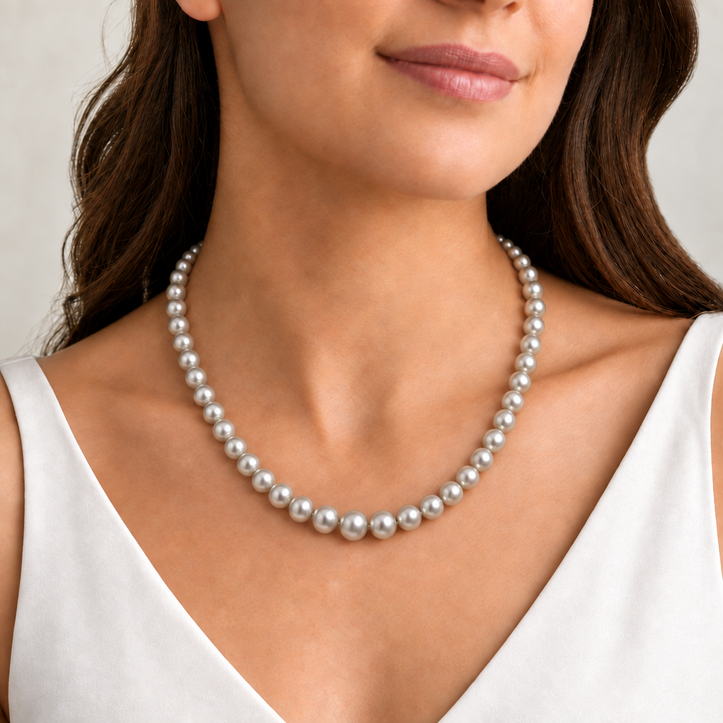 Grey Pearl Graduation Necklace (Round Freshwater Pearl String)