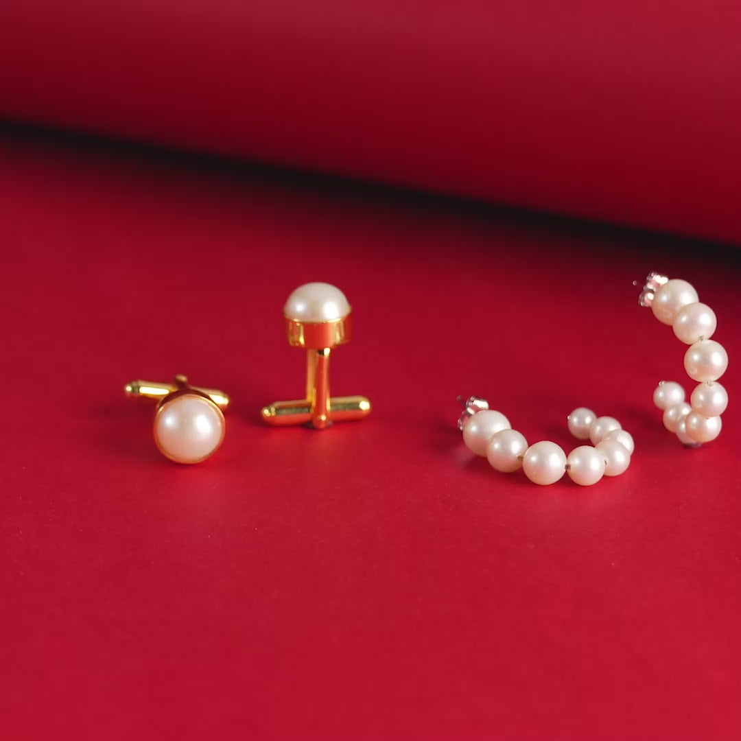 Classic Pearl Round Cufflinks & Pearl Hoop Earrings Set