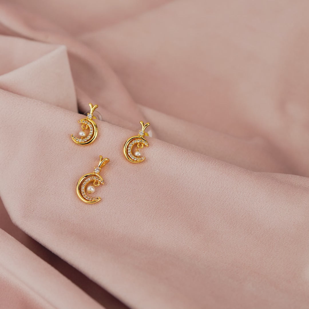 Crescent Pearl Drop Stud Earrings and Pendant